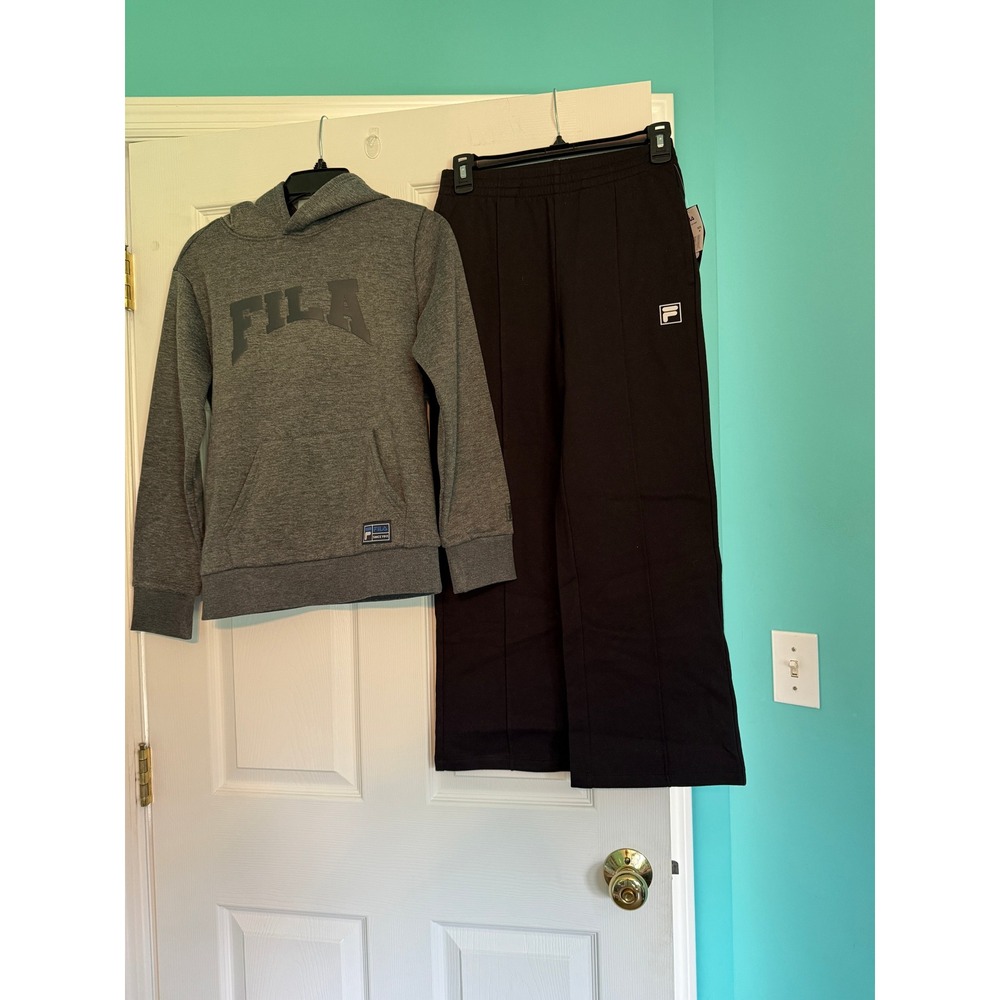 Fila Boys Medium 10-12 Hoodie and Wide Leg Pants Activewear Set Grey Black